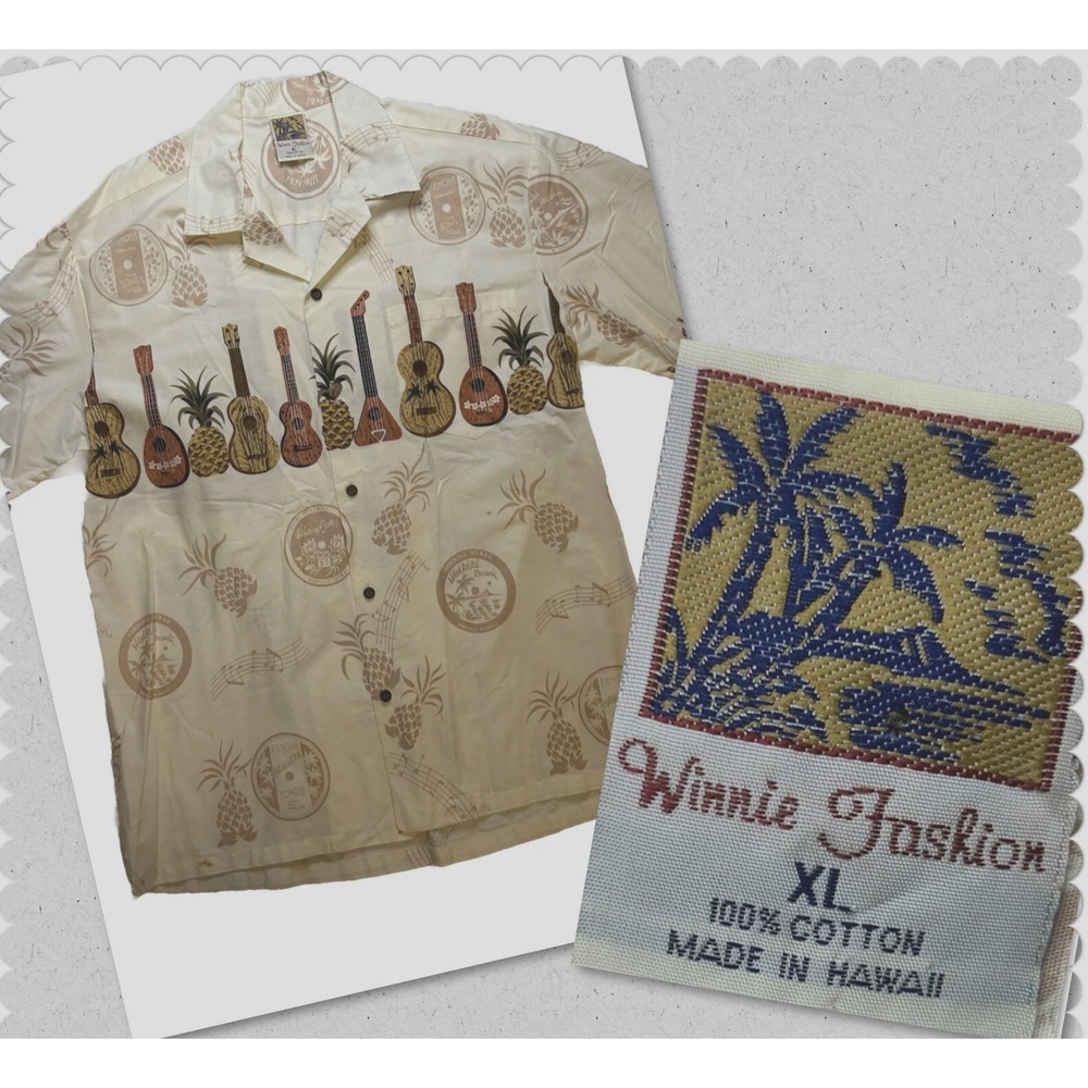 Winnie Fashion - Men's XL Shirt - Hawaiian Guitar -Short Sleeve - Made In Hawaii
